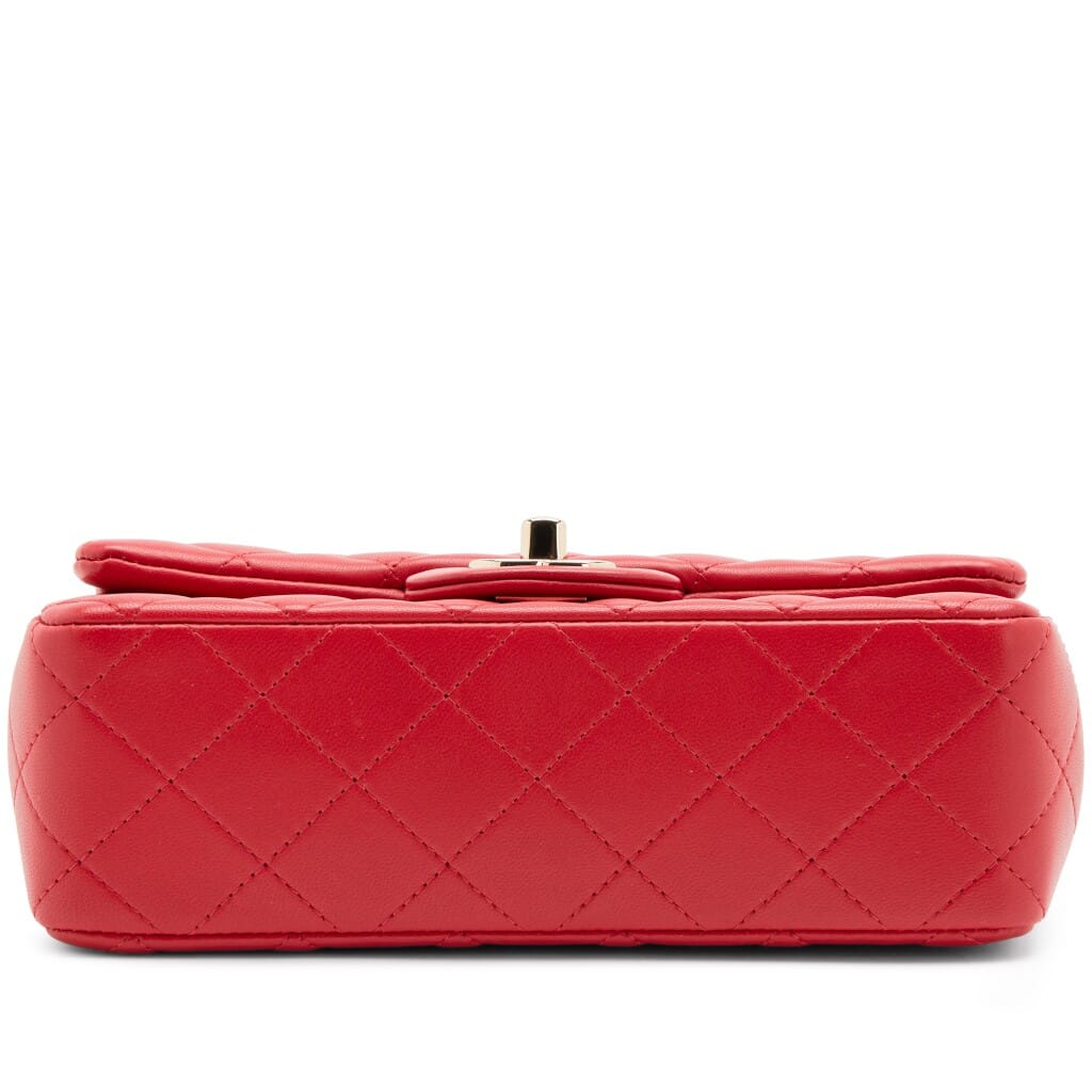 Red Quilted Lambskin Mini Rectangular Classic Single Flap Bag Light Gold Hardware, 2020