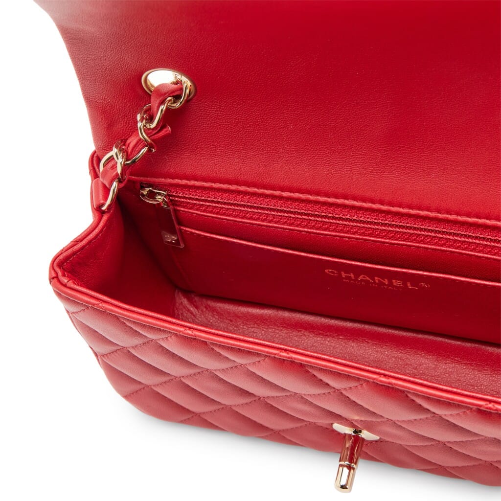 Red Quilted Lambskin Mini Rectangular Classic Single Flap Bag Light Gold Hardware, 2020