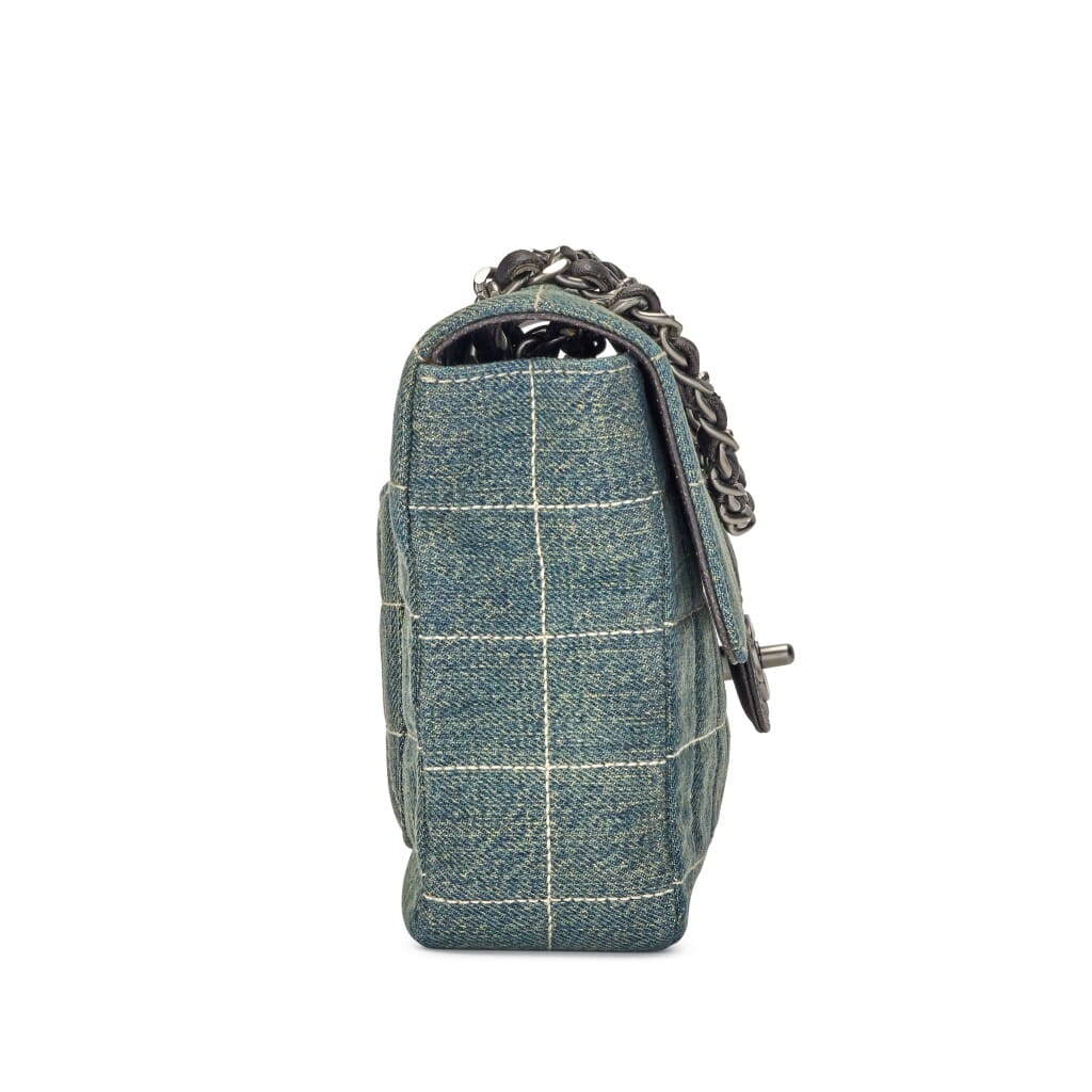 Vintage Blue Denim Chocolate Bar Quilted Flap Bag Ruthenium Hardware, 2000