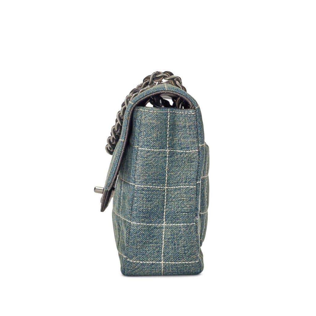 Vintage Blue Denim Chocolate Bar Quilted Flap Bag Ruthenium Hardware, 2000