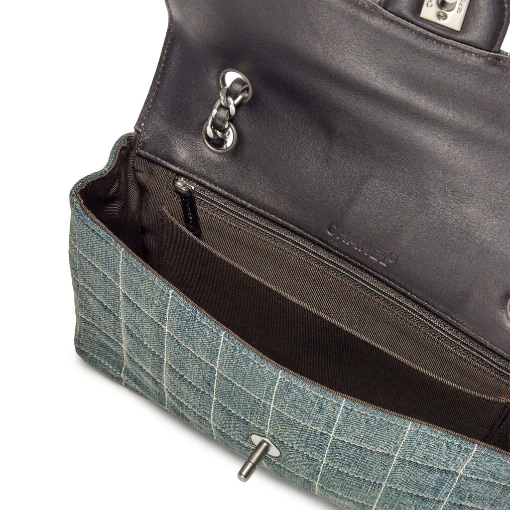 Vintage Blue Denim Chocolate Bar Quilted Flap Bag Ruthenium Hardware, 2000