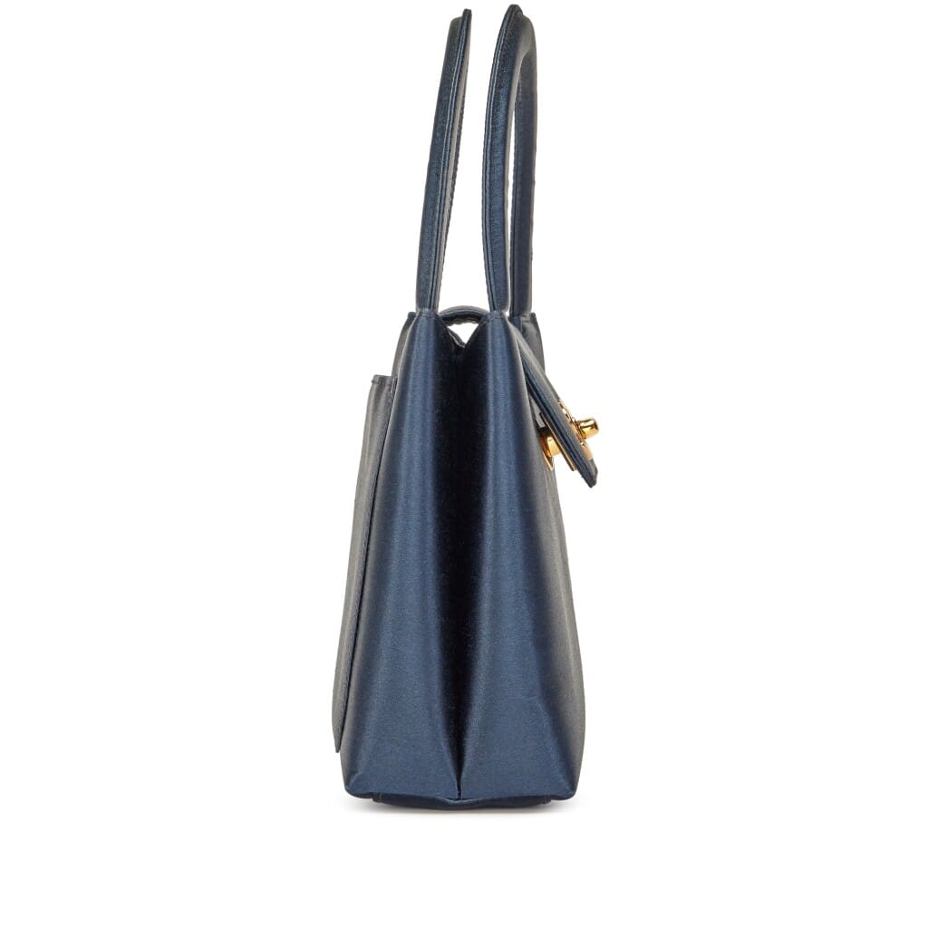 Vintage Navy Blue Satin CC Top Handle Mini Kelly Bag Gold Hardware, 1997
