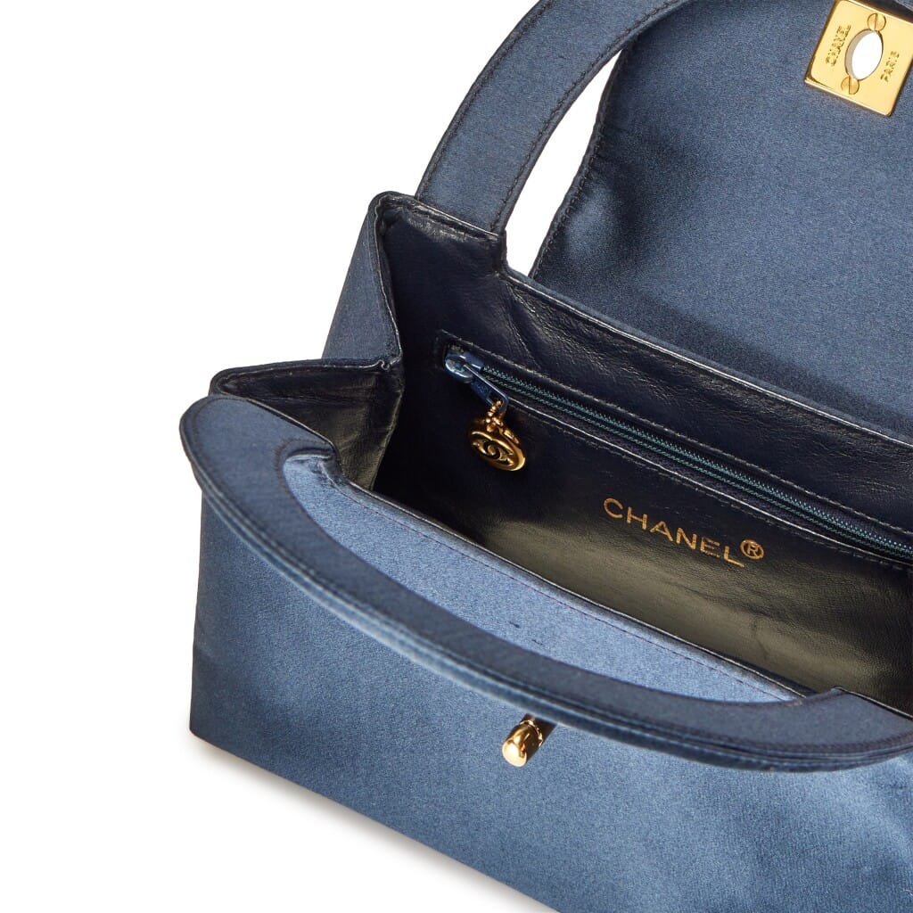 Vintage Navy Blue Satin CC Top Handle Mini Kelly Bag Gold Hardware, 1997