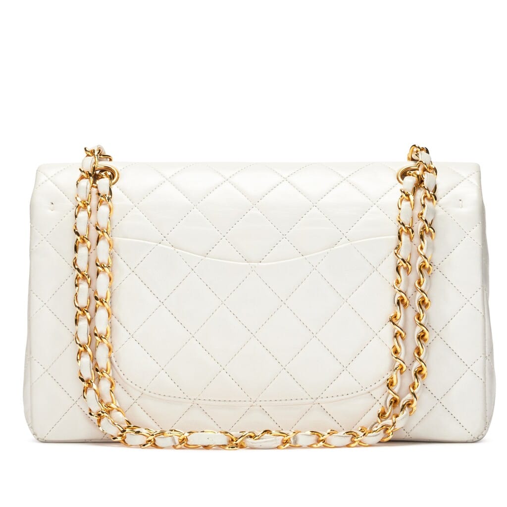 Vintage White Quilted Lambskin Classic Medium Double Flap Bag Gold Hardware, 1989-1991