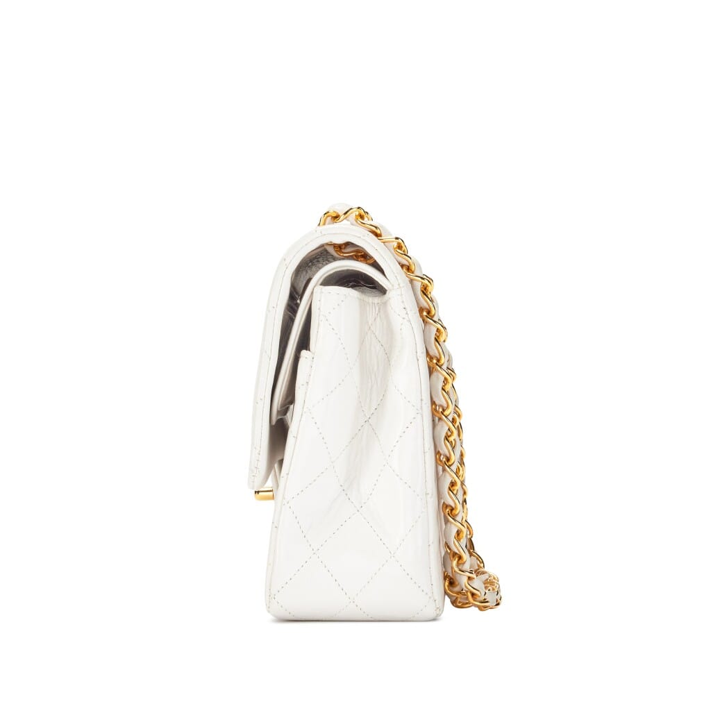 Vintage White Quilted Lambskin Classic Medium Double Flap Bag Gold Hardware, 1989-1991