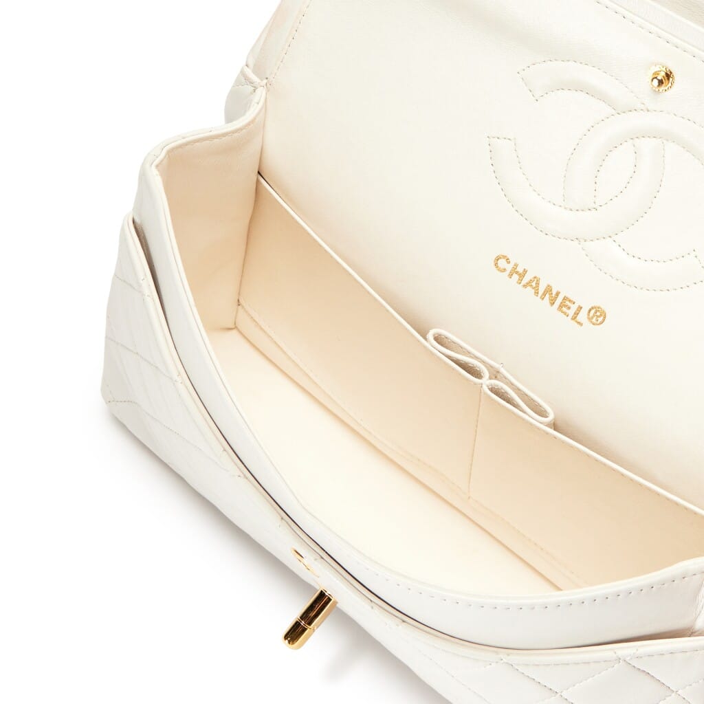 Vintage White Quilted Lambskin Classic Medium Double Flap Bag Gold Hardware, 1989-1991