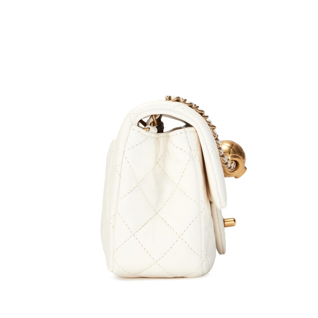 White Quilted Lambskin Pearl Crush Mini Rectangular Flap Bag Aged Gold Hardware, 2025
