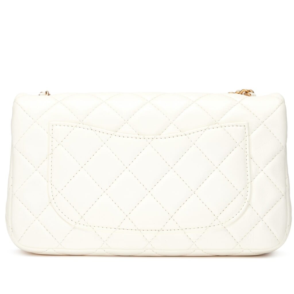 White Quilted Lambskin Pearl Crush Mini Rectangular Flap Bag Aged Gold Hardware, 2025
