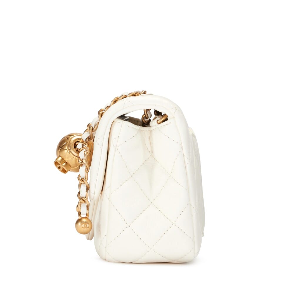 White Quilted Lambskin Pearl Crush Mini Rectangular Flap Bag Aged Gold Hardware, 2025