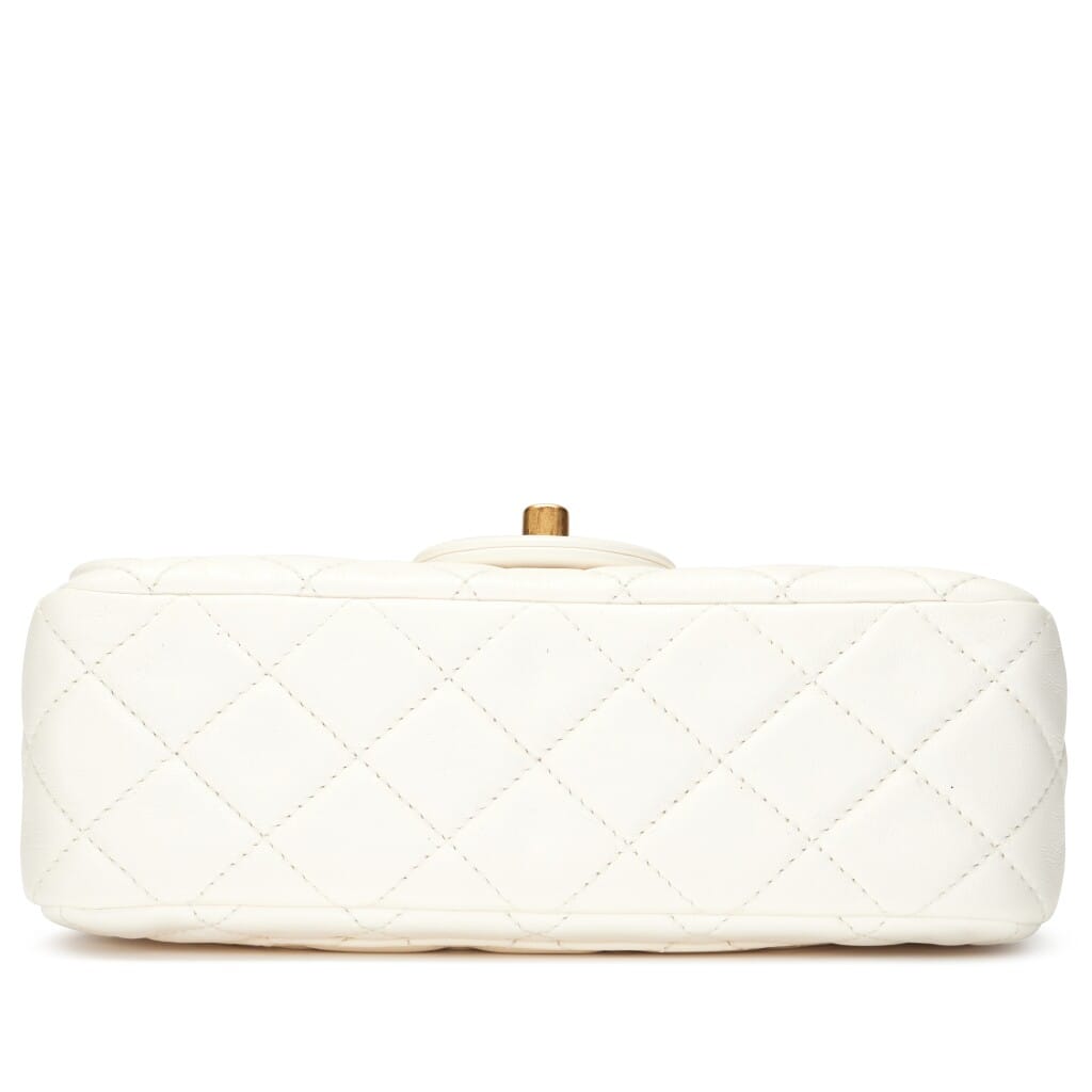 White Quilted Lambskin Pearl Crush Mini Rectangular Flap Bag Aged Gold Hardware, 2025