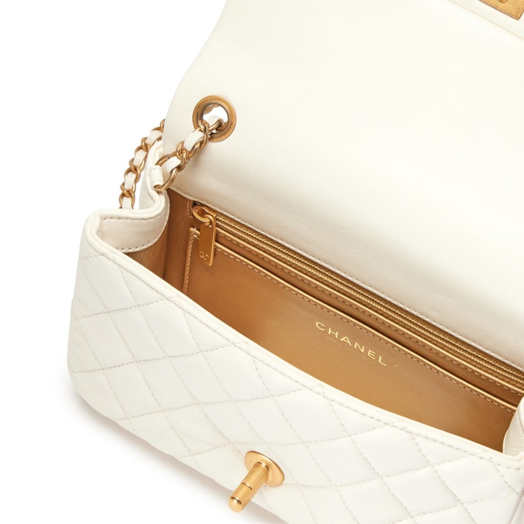 White Quilted Lambskin Pearl Crush Mini Rectangular Flap Bag Aged Gold Hardware, 2025