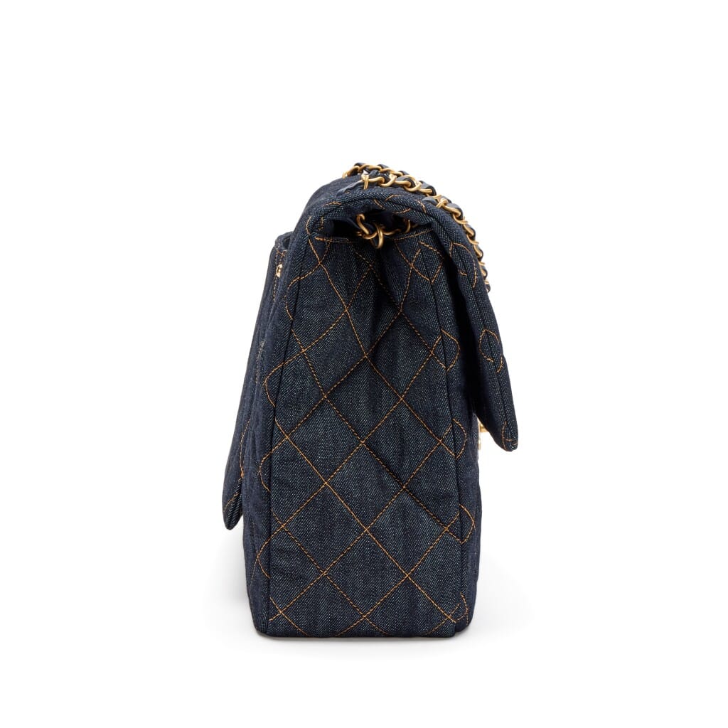 Dark Blue Quilted Denim XXL Classic Single Travel Flap Bag Brushed Gold Hardware, 2026