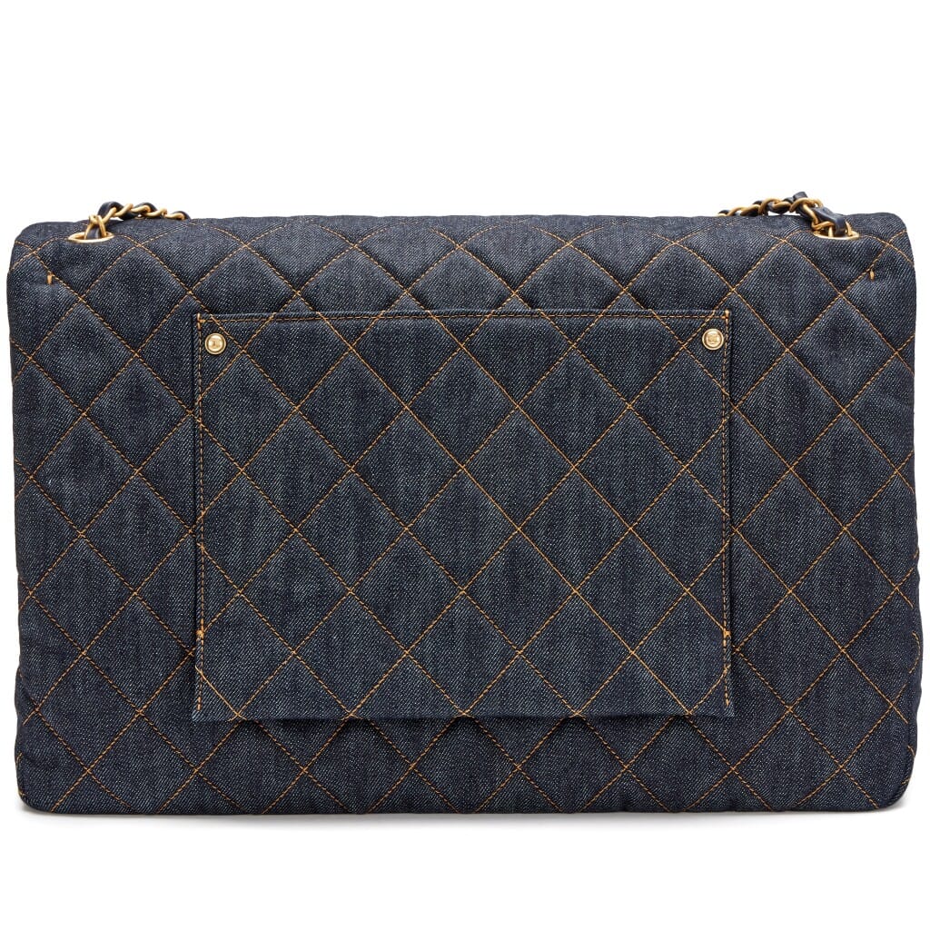 Dark Blue Quilted Denim XXL Classic Single Travel Flap Bag Brushed Gold Hardware, 2026