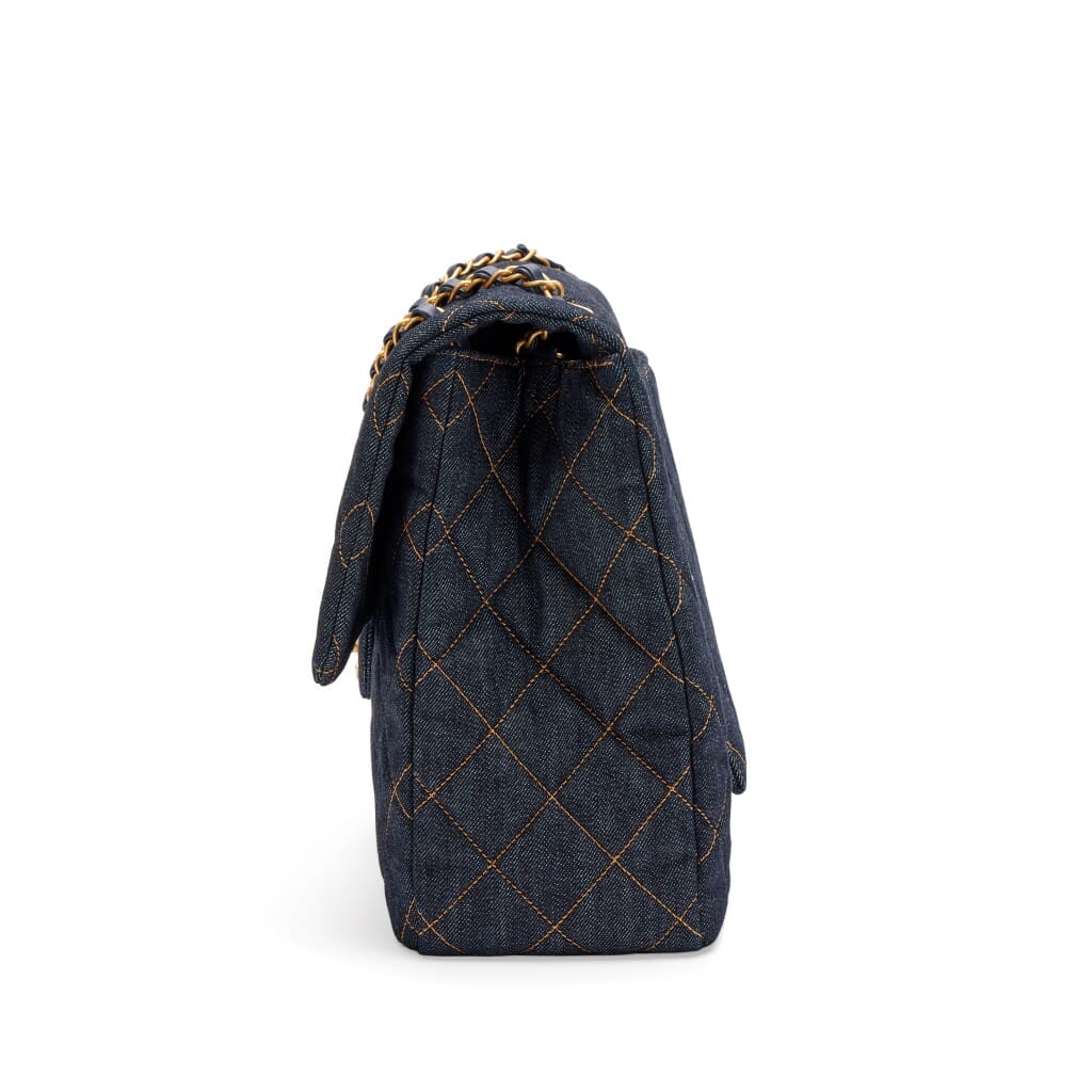 Dark Blue Quilted Denim XXL Classic Single Travel Flap Bag Brushed Gold Hardware, 2026