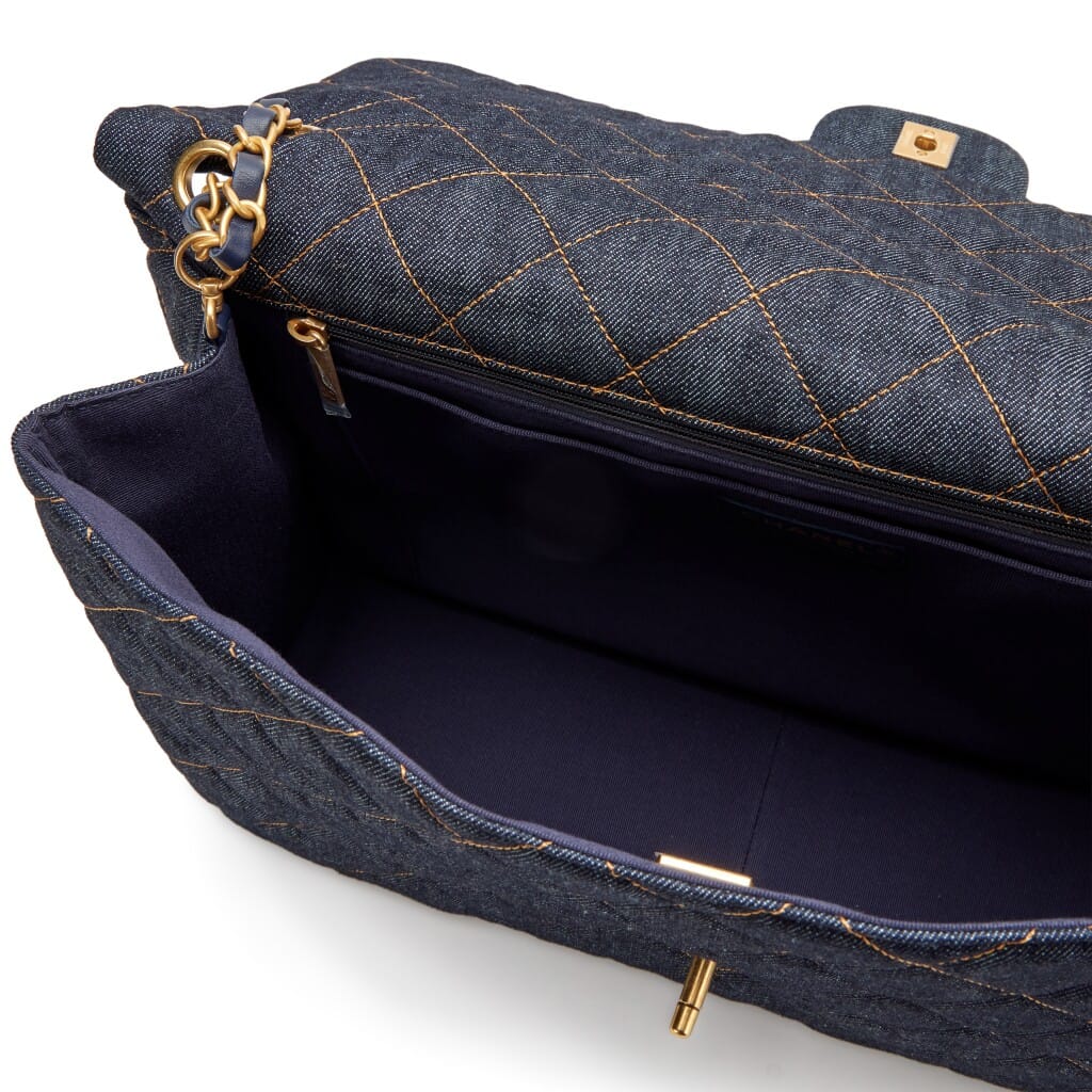 Dark Blue Quilted Denim XXL Classic Single Travel Flap Bag Brushed Gold Hardware, 2026
