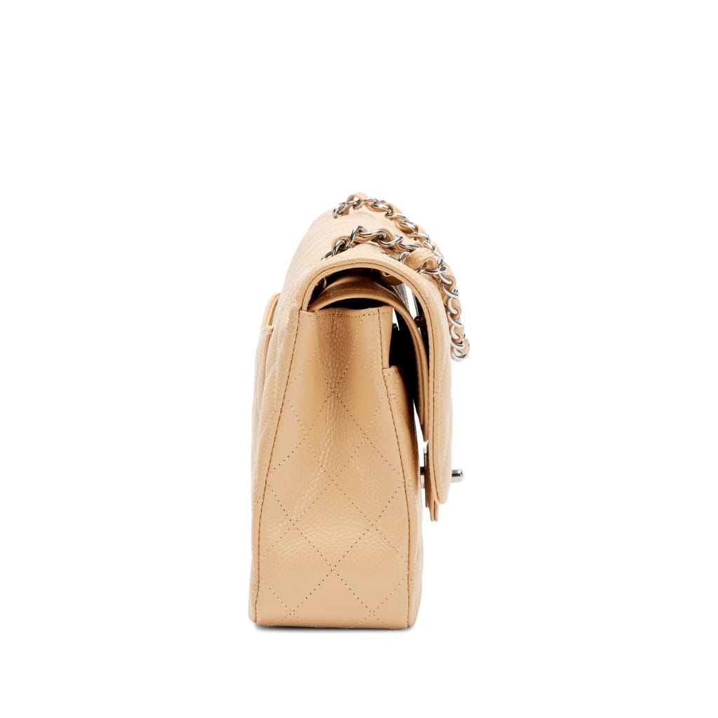 Beige Clair Quilted Caviar Medium Classic Double Flap Bag Silver Hardware, 2024