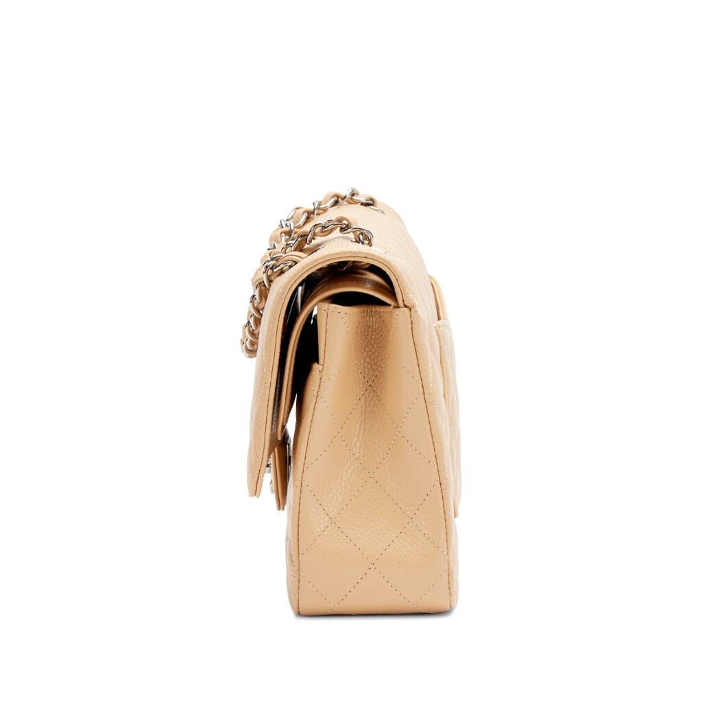 Beige Clair Quilted Caviar Medium Classic Double Flap Bag Silver Hardware, 2024