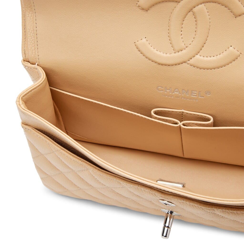 Beige Clair Quilted Caviar Medium Classic Double Flap Bag Silver Hardware, 2024