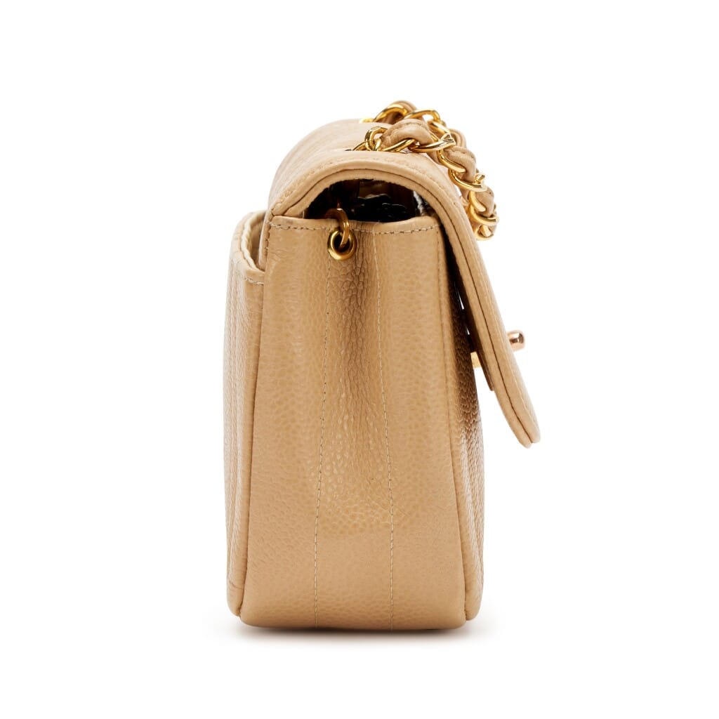 Vintage Beige Vertical Quilted Caviar Mini Flap Bag Gold Hardware, 1994-1996