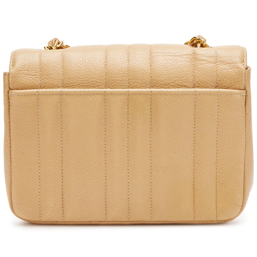 Vintage Beige Vertical Quilted Caviar Mini Flap Bag Gold Hardware, 1994-1996