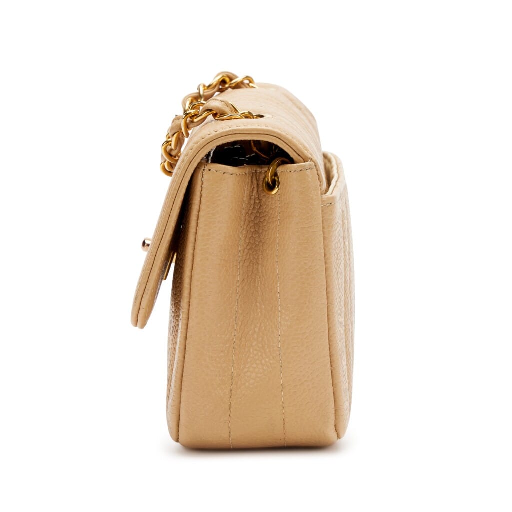 Vintage Beige Vertical Quilted Caviar Mini Flap Bag Gold Hardware, 1994-1996