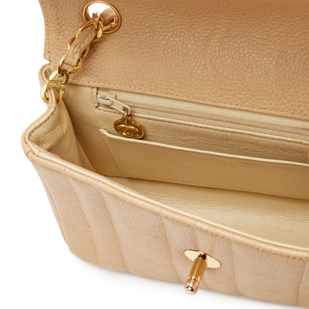Vintage Beige Vertical Quilted Caviar Mini Flap Bag Gold Hardware, 1994-1996