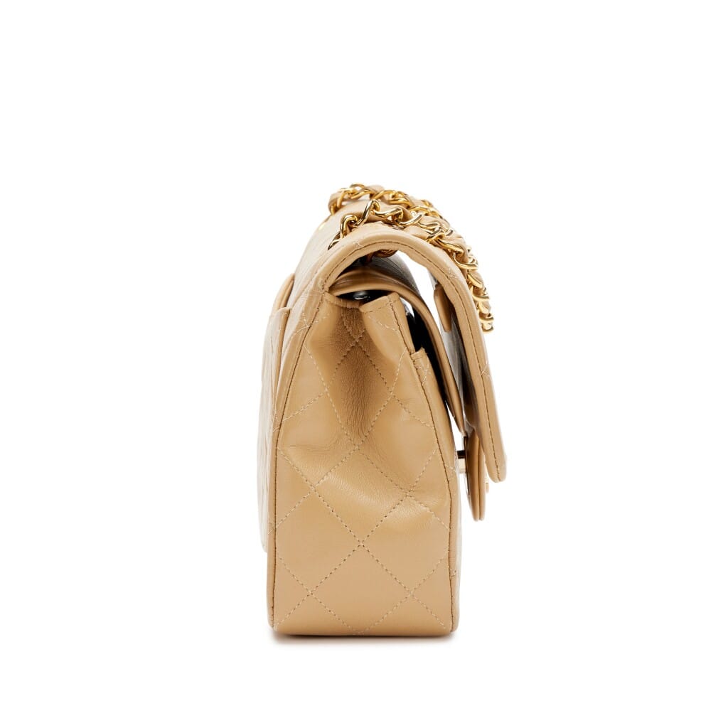 Vintage Beige Quilted Lambskin Small Classic Double Flap Bag Gold Hardware, 1989-1991