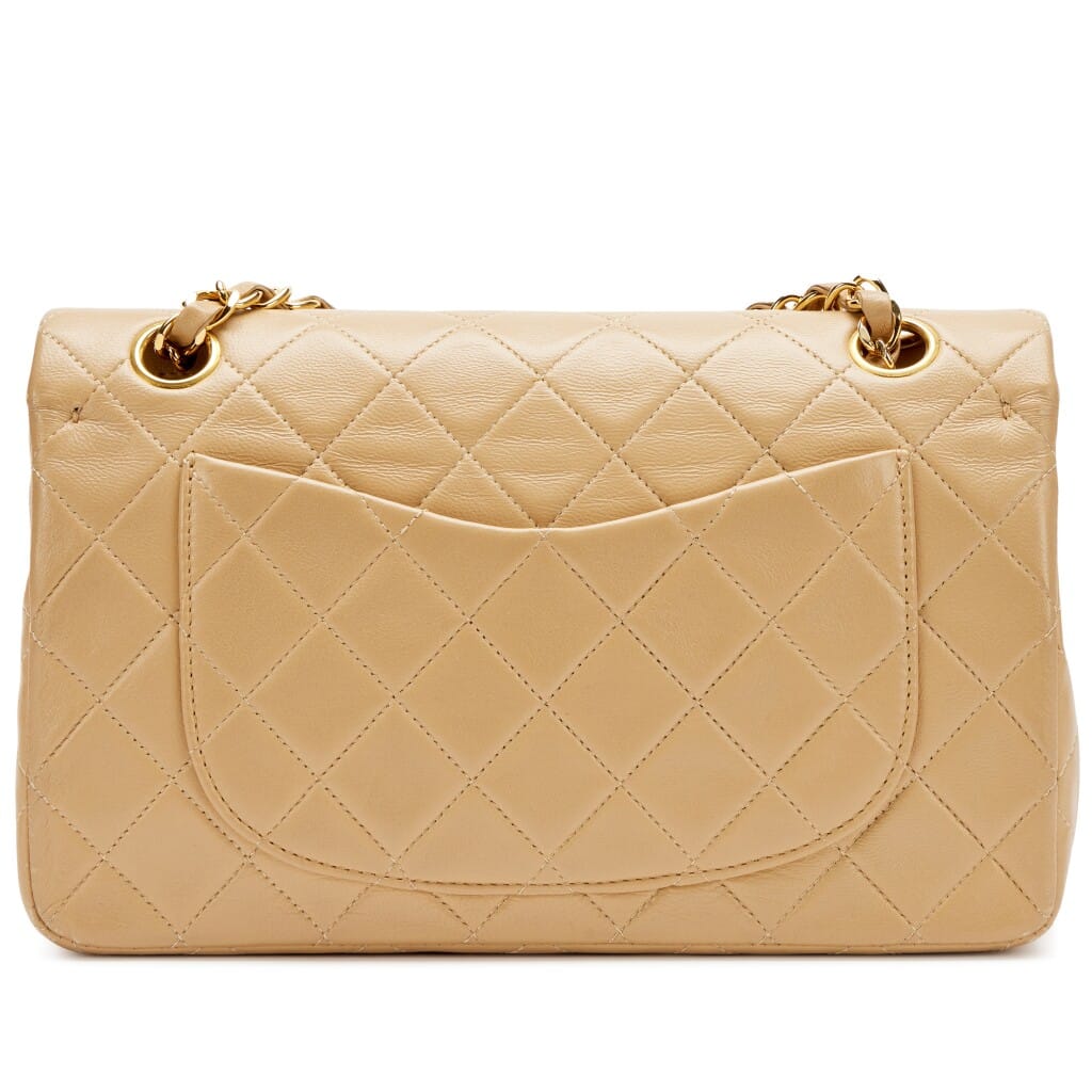Vintage Beige Quilted Lambskin Small Classic Double Flap Bag Gold Hardware, 1989-1991