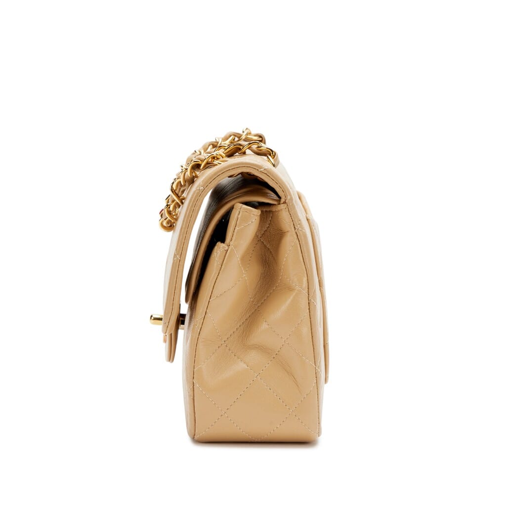 Vintage Beige Quilted Lambskin Small Classic Double Flap Bag Gold Hardware, 1989-1991
