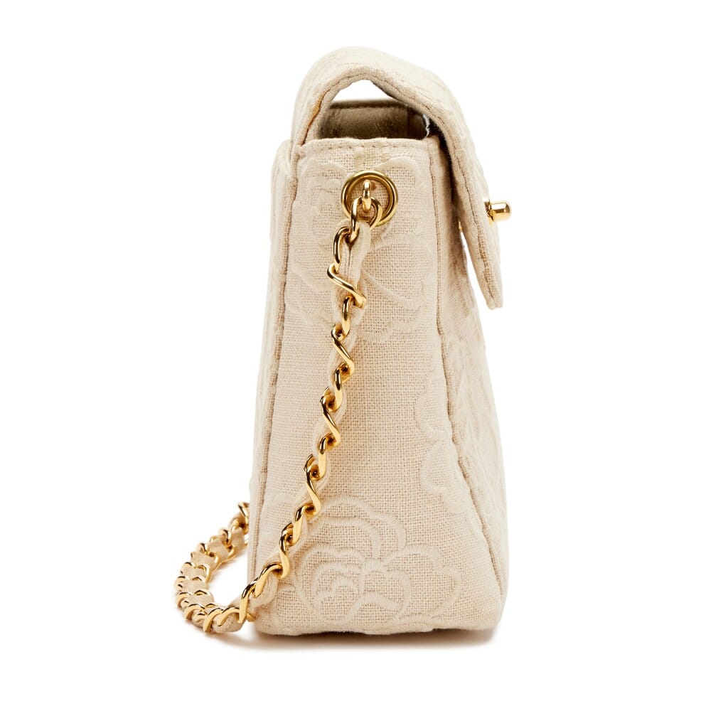 Vintage Ivory Camellia Embroidered Linen Mini Square Flap Bag Gold Hardware, 1997