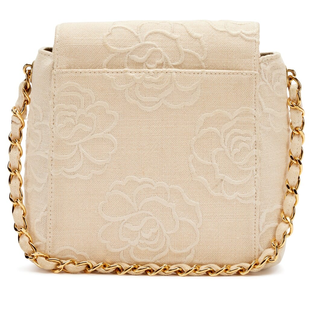 Vintage Ivory Camellia Embroidered Linen Mini Square Flap Bag Gold Hardware, 1997