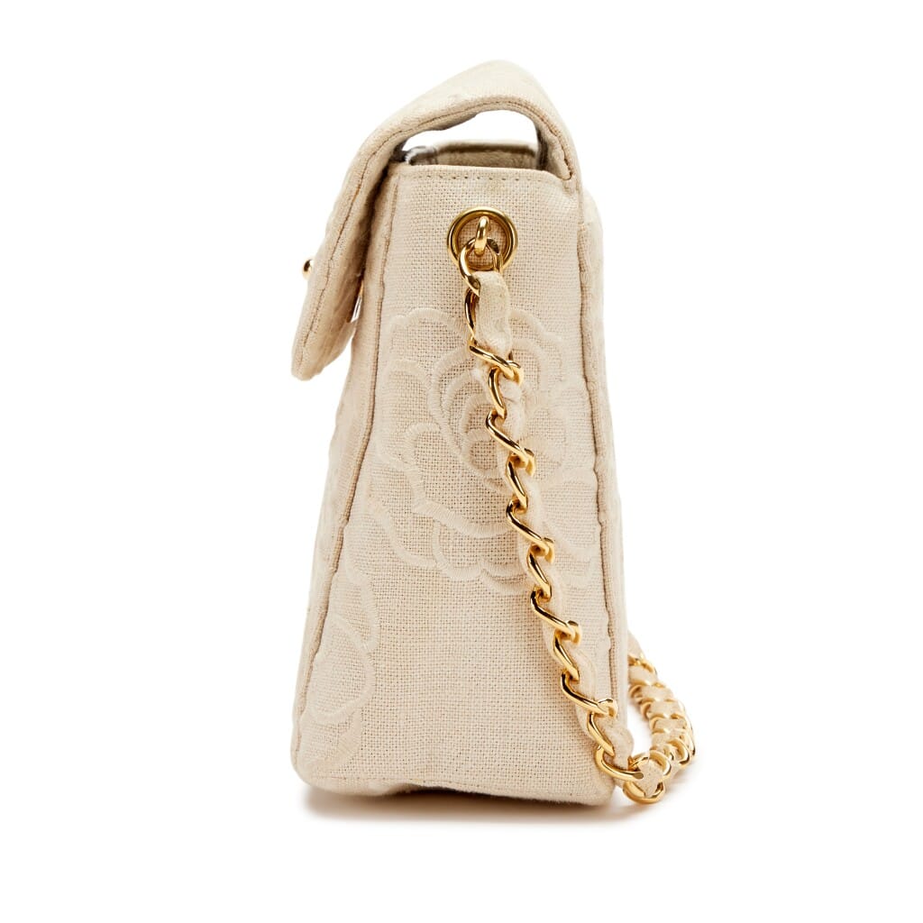 Vintage Ivory Camellia Embroidered Linen Mini Square Flap Bag Gold Hardware, 1997