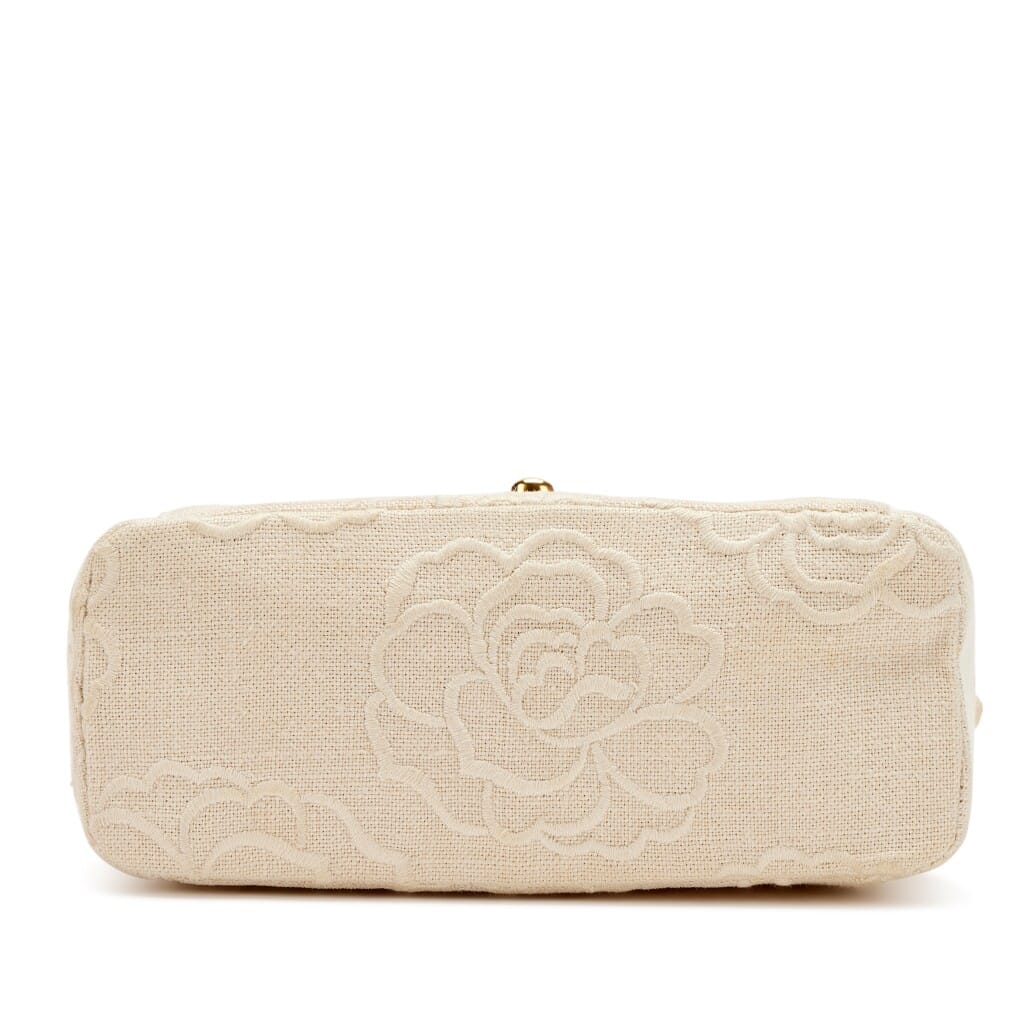 Vintage Ivory Camellia Embroidered Linen Mini Square Flap Bag Gold Hardware, 1997