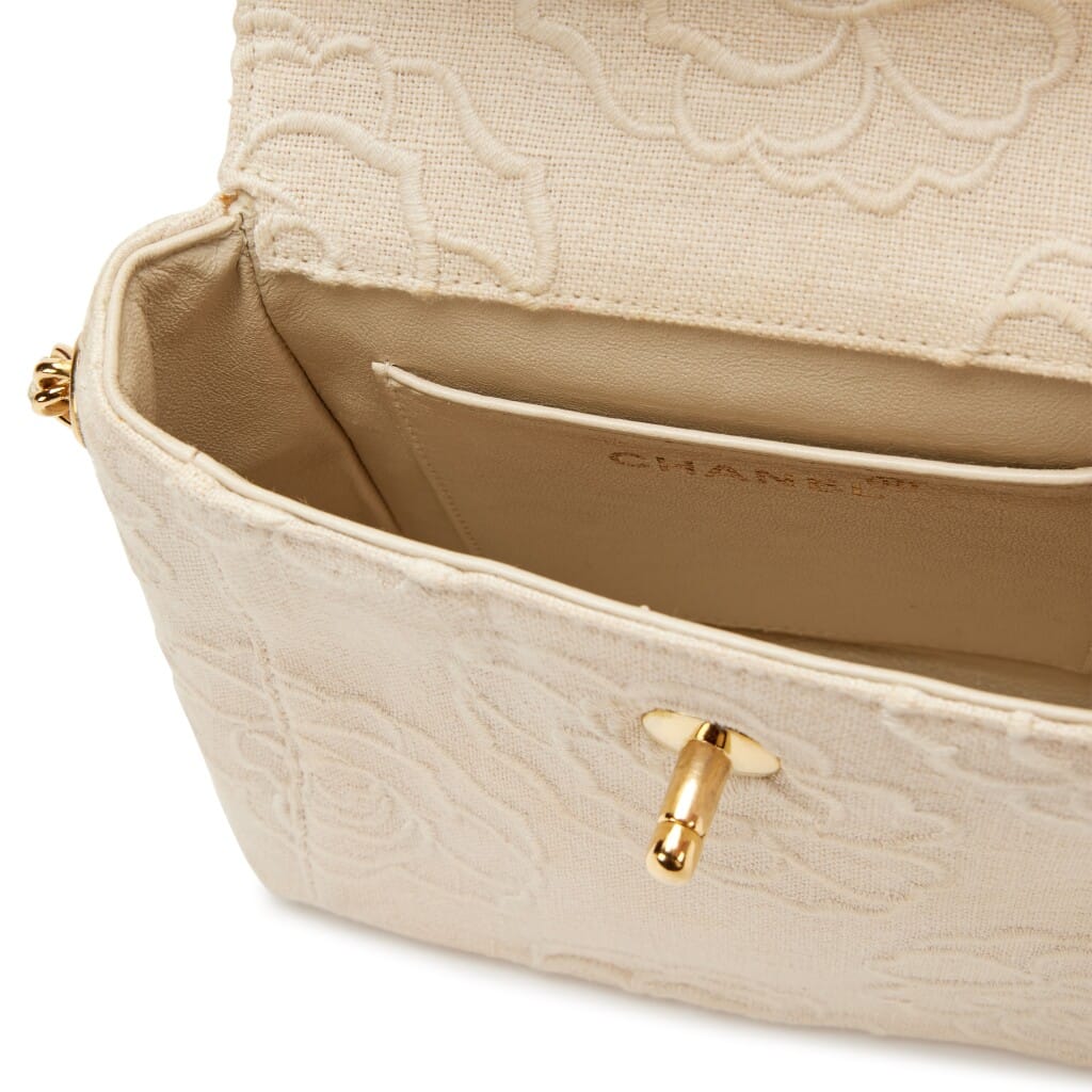 Vintage Ivory Camellia Embroidered Linen Mini Square Flap Bag Gold Hardware, 1997