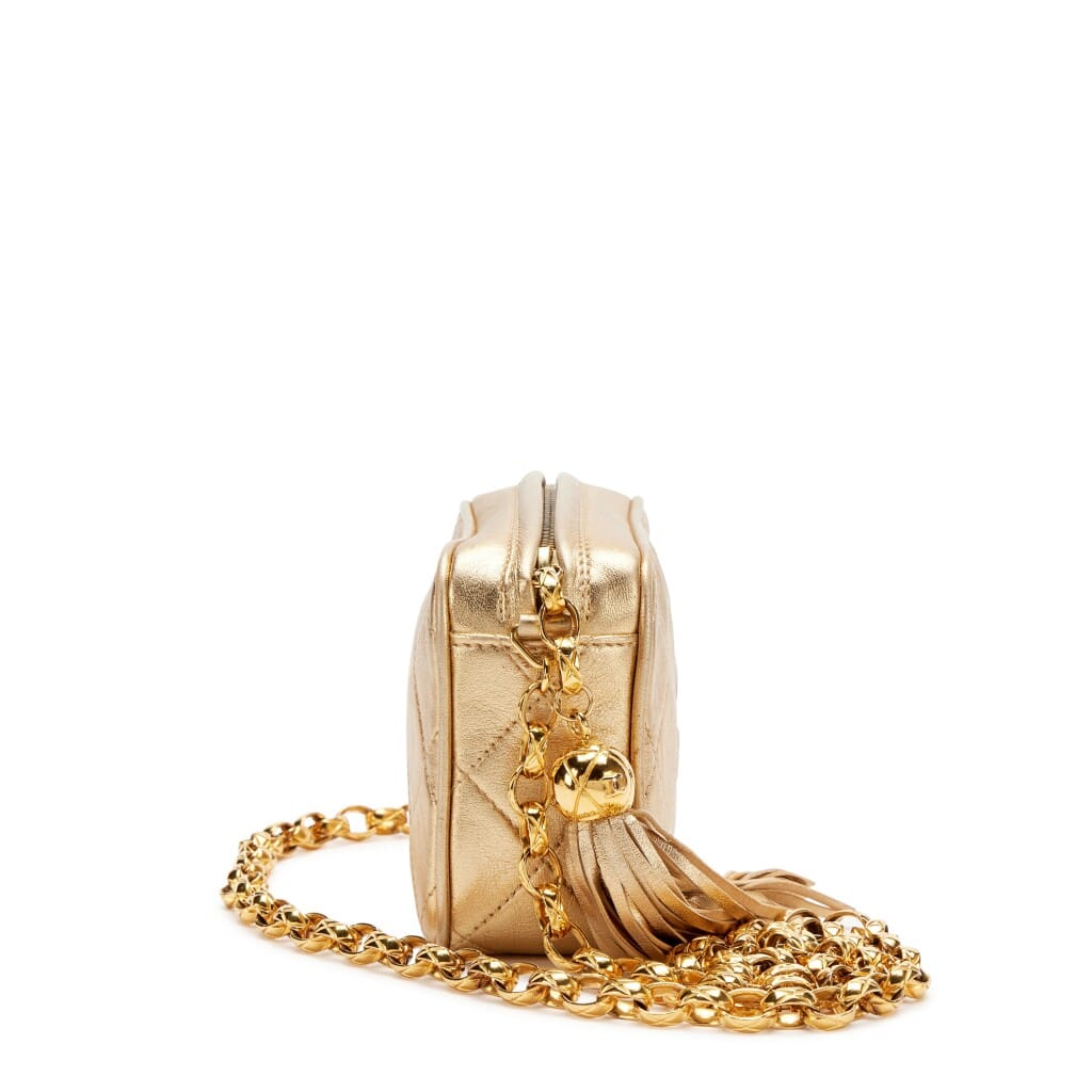 Vintage Gold Quilted Lambskin Mini Camera Tassel Bag Gold Hardware, 1991-1994