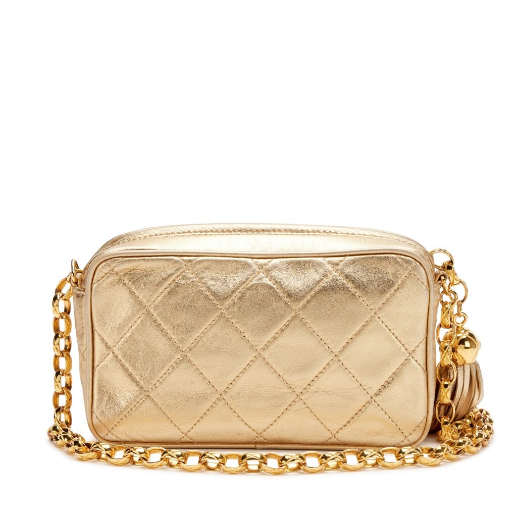 Vintage Gold Quilted Lambskin Mini Camera Tassel Bag Gold Hardware, 1991-1994