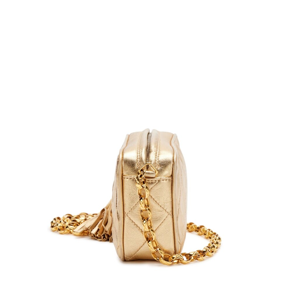 Vintage Gold Quilted Lambskin Mini Camera Tassel Bag Gold Hardware, 1991-1994