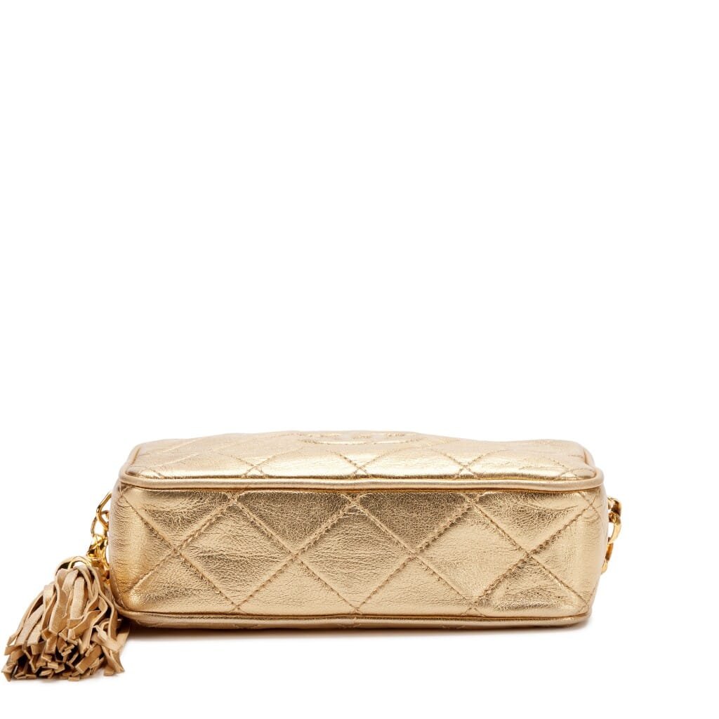 Vintage Gold Quilted Lambskin Mini Camera Tassel Bag Gold Hardware, 1991-1994
