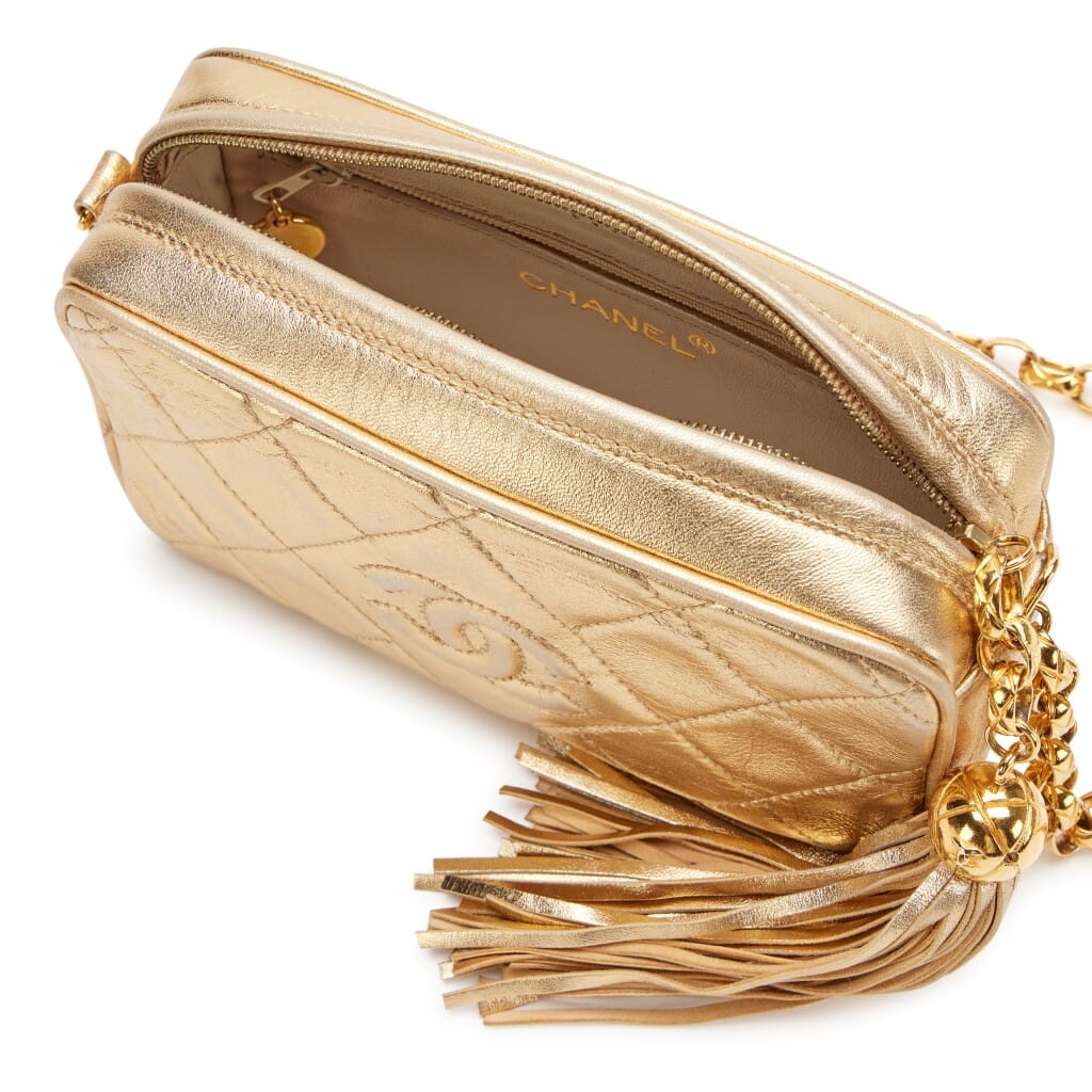 Vintage Gold Quilted Lambskin Mini Camera Tassel Bag Gold Hardware, 1991-1994