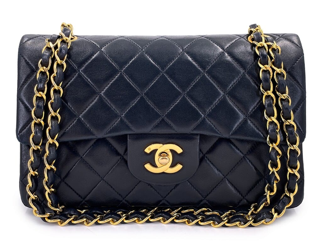 Vintage Black Quilted Lambskin Small Classic Double Flap Bag Gold Hardware, 1992