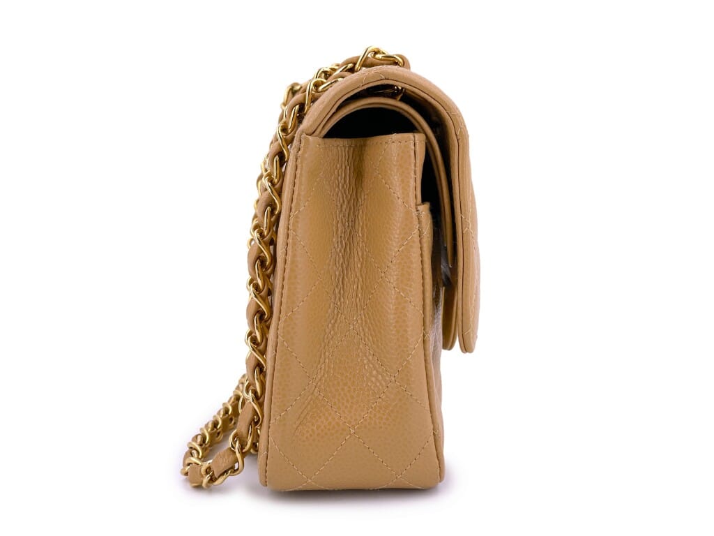 Camel Beige Quilted Caviar Medium Classic Double Flap Bag Gold Hardware, 2004