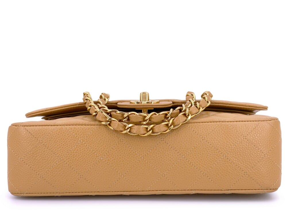 Camel Beige Quilted Caviar Medium Classic Double Flap Bag Gold Hardware, 2004