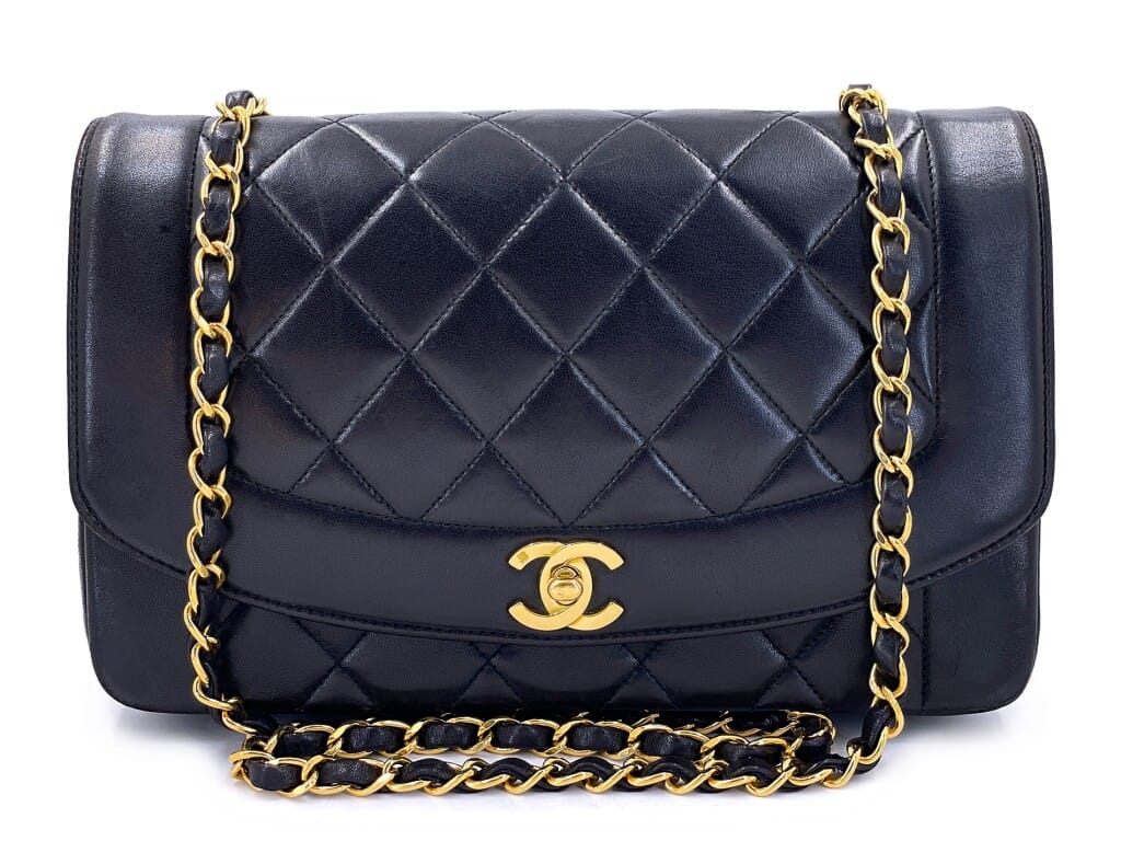 Vintage Black Quilted Lambskin Medium Diana Flap Bag Gold Hardware, 1994