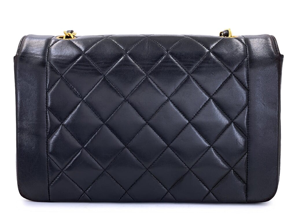 Vintage Black Quilted Lambskin Medium Diana Flap Bag Gold Hardware, 1994