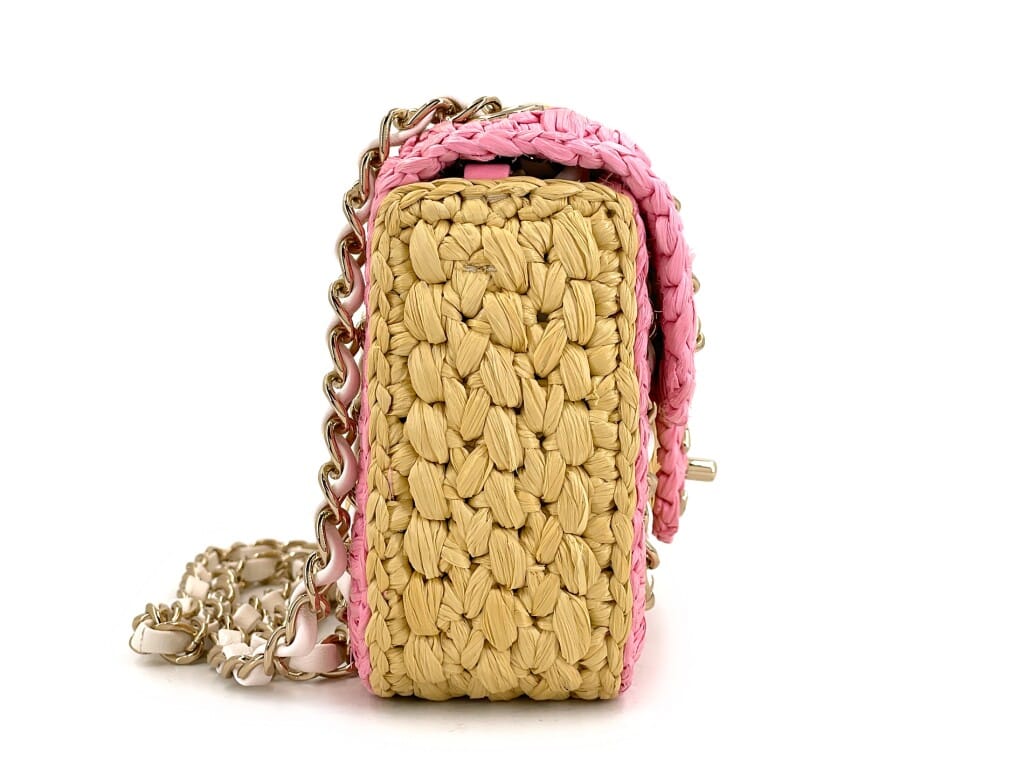 Pink Raffia Straw Venice Beach Mini Flap Bag Gold Hardware, 2024