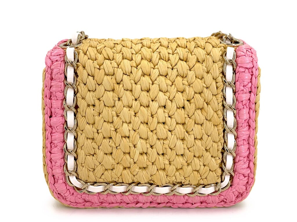 Pink Raffia Straw Venice Beach Mini Flap Bag Gold Hardware, 2024