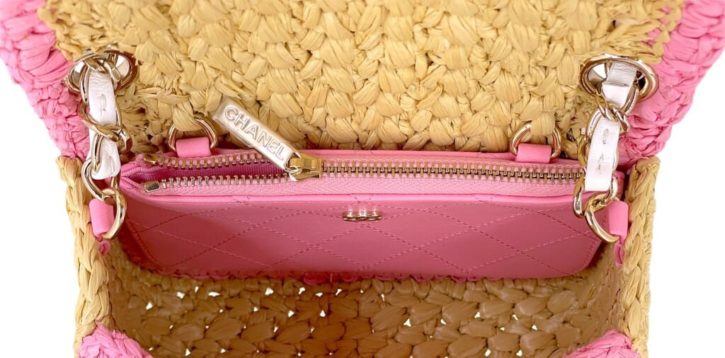 Pink Raffia Straw Venice Beach Mini Flap Bag Gold Hardware, 2024
