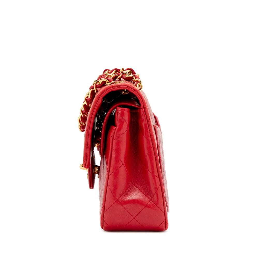Vintage Red Quilted Lambskin Small Classic Double Flap Bag Gold Hardware, 1989-1991