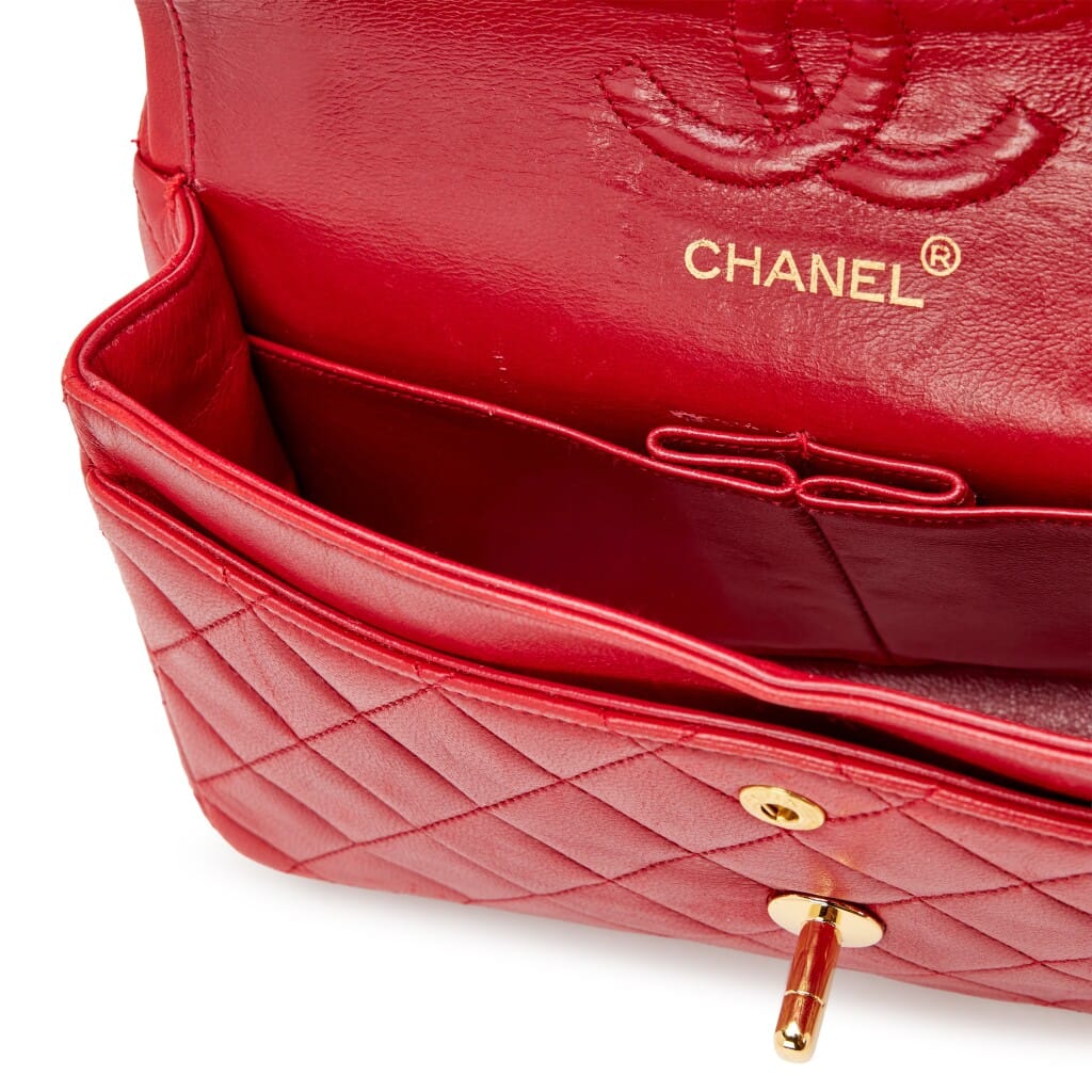 Vintage Red Quilted Lambskin Small Classic Double Flap Bag Gold Hardware, 1989-1991