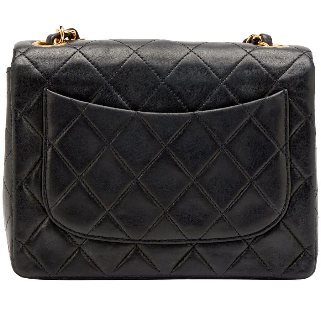 Vintage Black Quilted Lambskin Mini Square Flap Bag Gold Hardware, 1991-1994